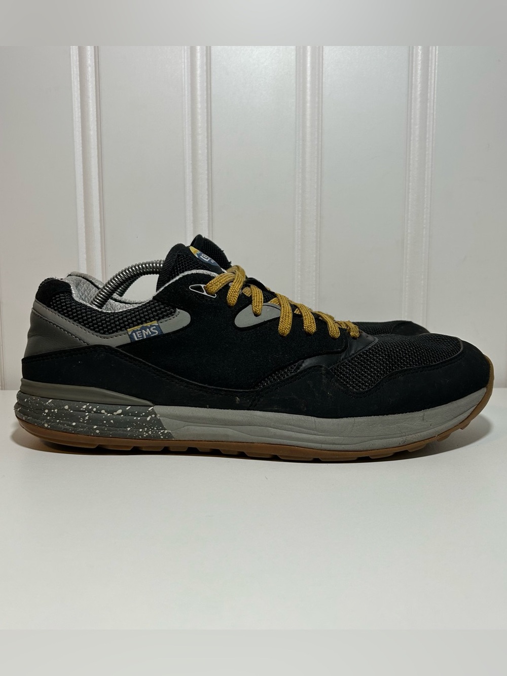 Lems trailhead onyx d width Men's Black Casual Sneakers with Yellow Laces 12.5